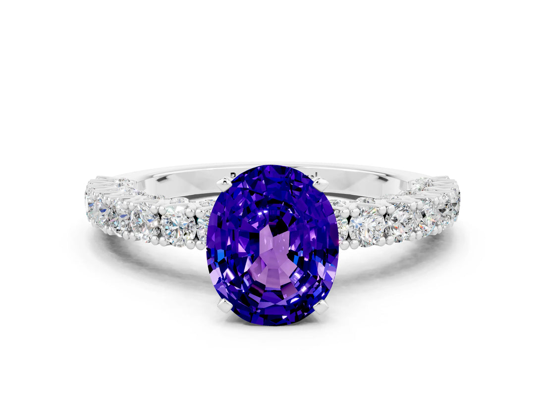 White gold Oval Cut Diamond Pavé Band Solitaire Ring with Prong Setting
