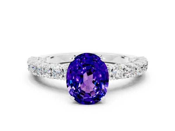 Silver Oval Cut Diamond Pavé Band Solitaire Ring with Prong Setting