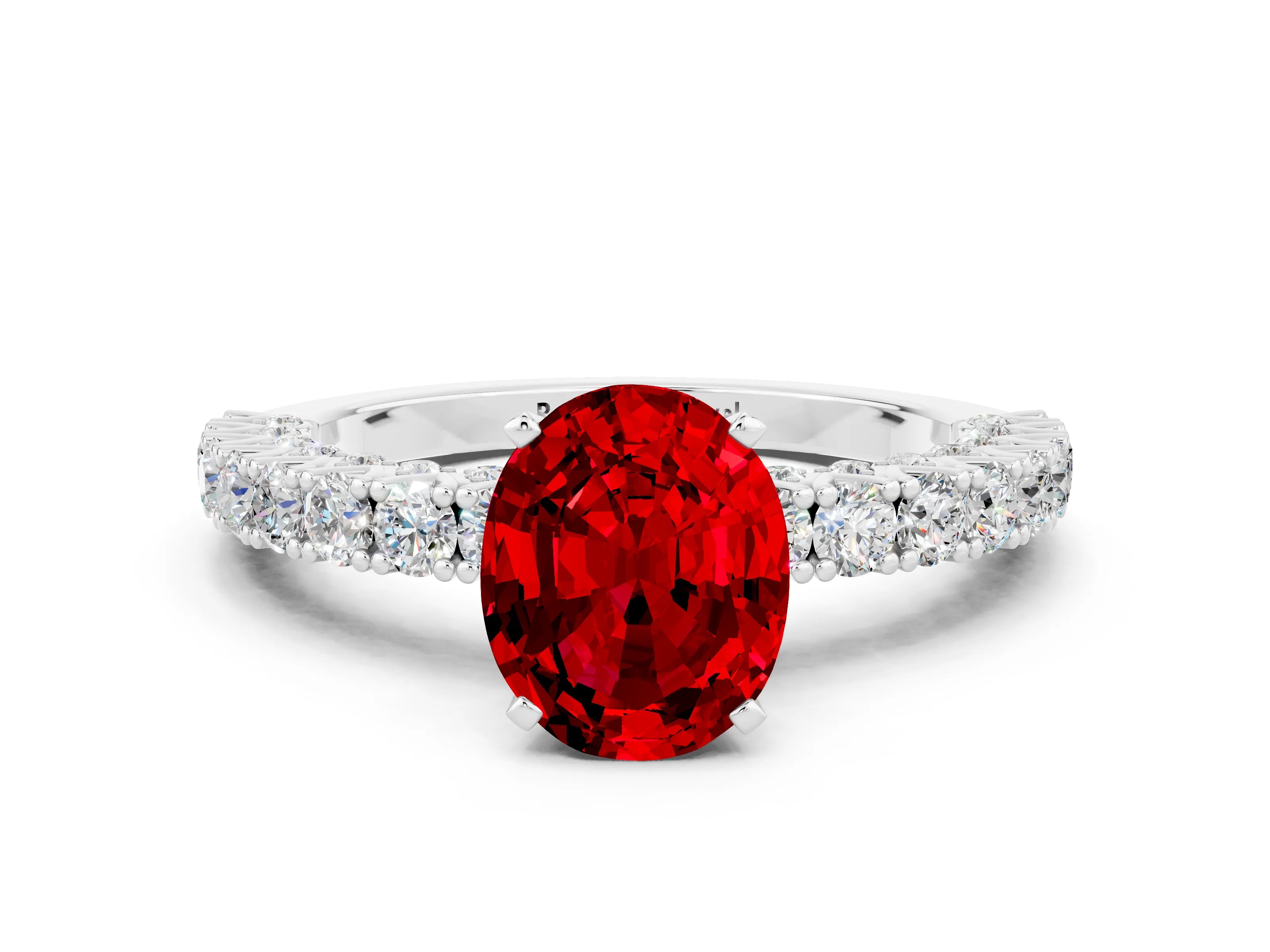 White gold Oval Cut Diamond Pavé Band Solitaire Ring with Prong Setting
