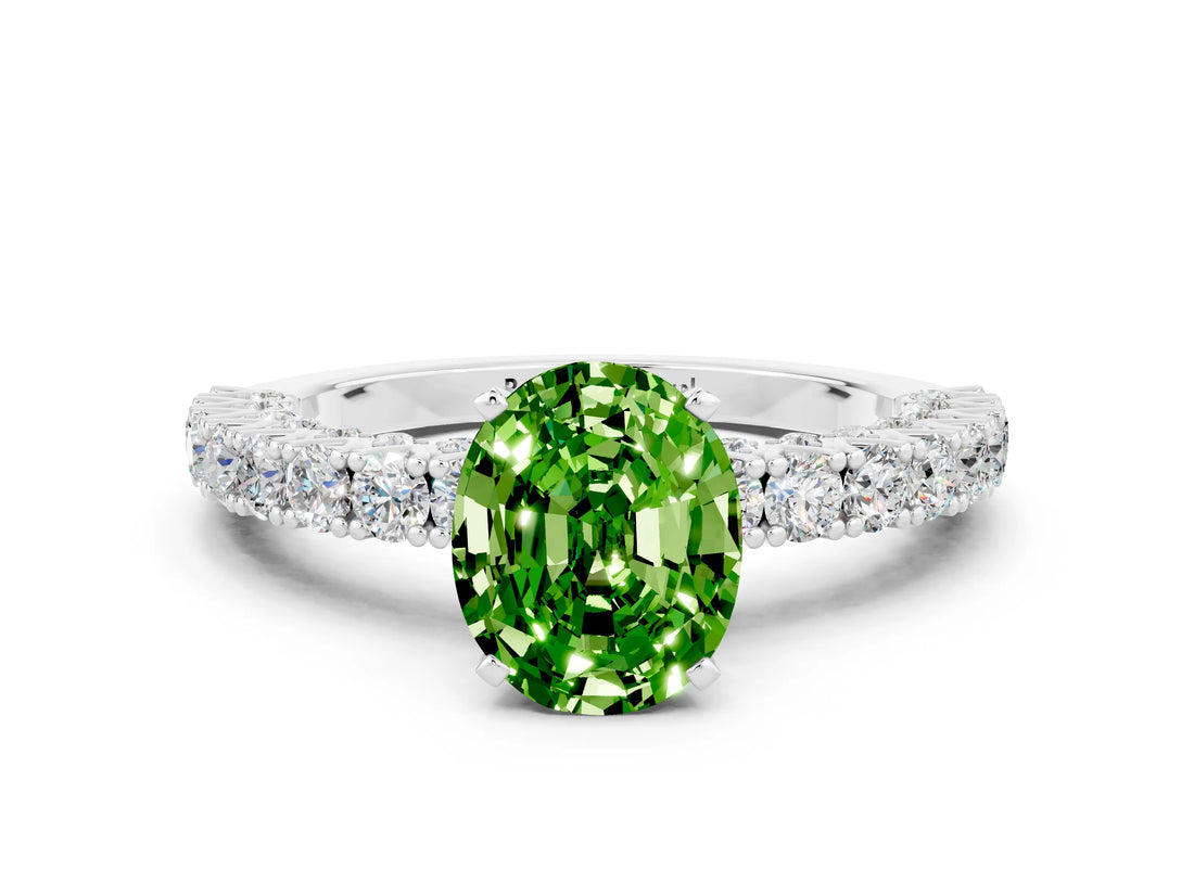 White gold Oval Cut Diamond Pavé Band Solitaire Ring with Prong Setting