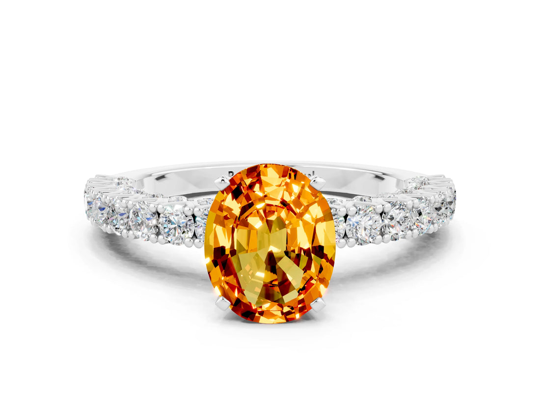 White gold Oval Cut Diamond Pavé Band Solitaire Ring with Prong Setting