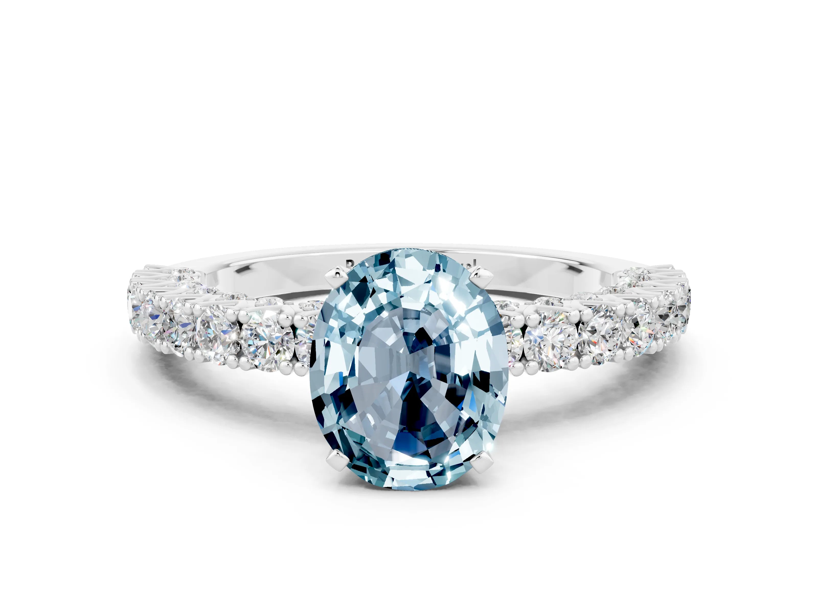 White gold Oval Cut Diamond Pavé Band Solitaire Ring with Prong Setting