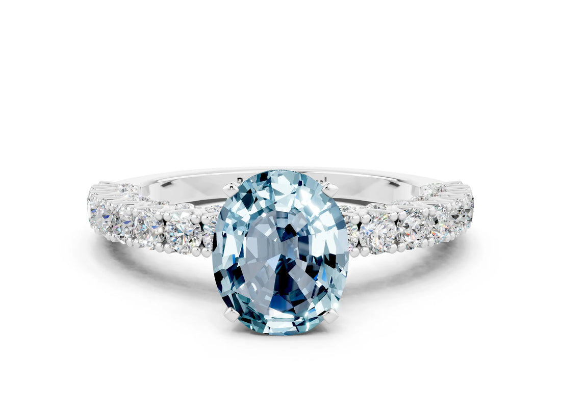 White gold Oval Cut Diamond Pavé Band Solitaire Ring with Prong Setting