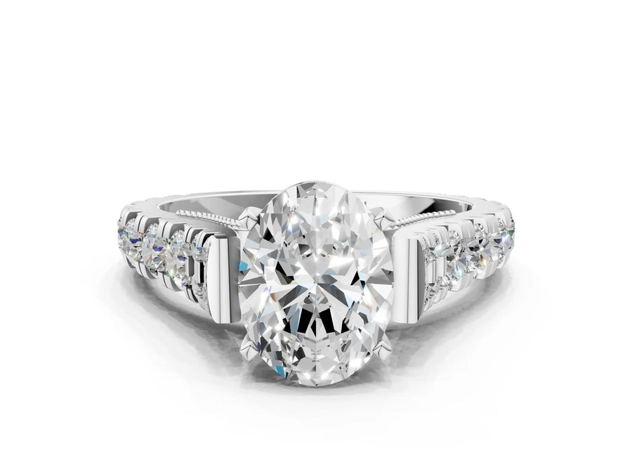 White gold Oval Cut Diamond Classic Solitaire Ring with Pavé Band and Four-Prong Setting