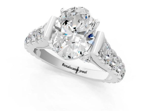 White gold Oval Cut Diamond Classic Solitaire Ring with Pavé Band and Four-Prong Setting