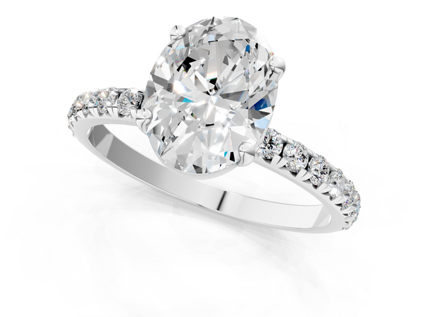 White gold Oval Cut Diamond Solitaire Ring with Micro Pave Band and Four Prong Setting