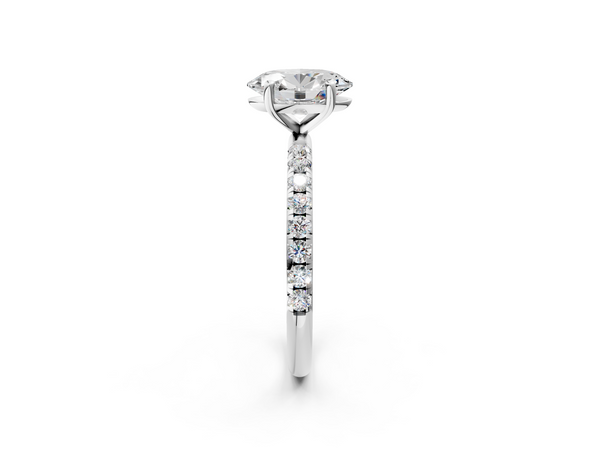 White gold Oval Cut Diamond Solitaire Ring with Micro Pave Band and Four Prong Setting