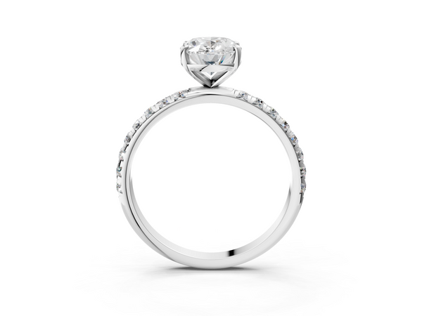 White gold Oval Cut Diamond Solitaire Ring with Micro Pave Band and Four Prong Setting