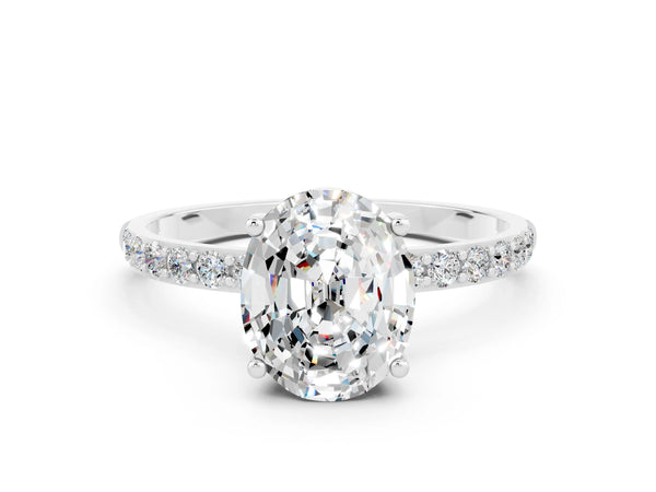 Silver Oval Cut Moissanite Solitaire Ring with Round Pavé Shoulders and Prong Setting