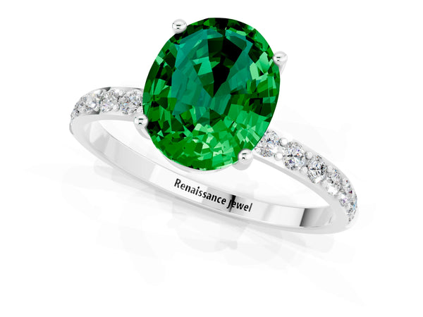 White gold Oval Cut Emerald Solitaire Ring with Round Pavé Shoulders and Prong Setting