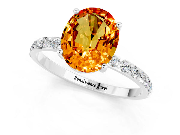 White gold Oval Cut Citrine Solitaire Ring with Round Pavé Shoulders and Prong Setting
