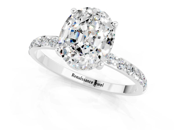 Silver Oval Cut Moissanite Solitaire Ring with Round Pavé Shoulders and Prong Setting