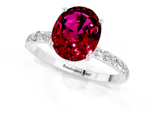 Silver Oval Cut Garnet Solitaire Ring with Round Pavé Shoulders and Prong Setting