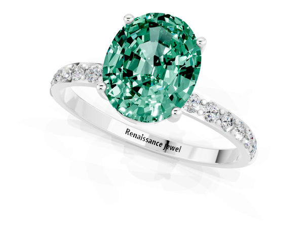 Silver Oval Cut Green Sapphire Solitaire Ring with Round Pavé Shoulders and Prong Setting