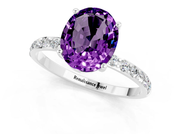 Platinum Oval Cut Amethyst Solitaire Ring with Round Pavé Shoulders and Prong Setting