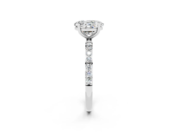 Platinum Oval Cut Moissanite Solitaire Ring with Round Pavé Shoulders and Prong Setting
