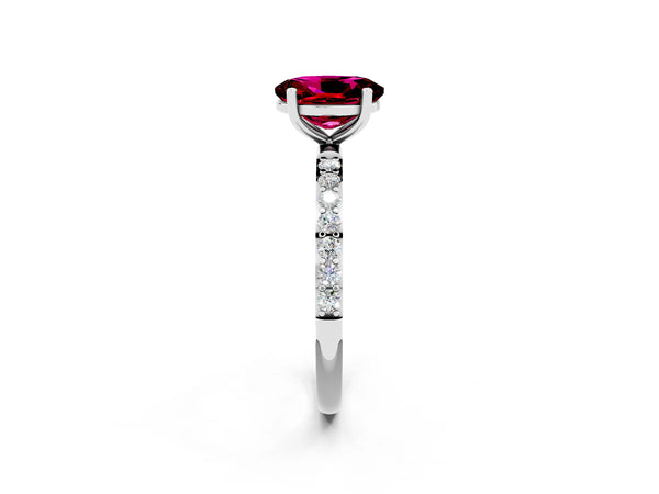 White gold Oval Cut Garnet Solitaire Ring with Round Pavé Shoulders and Prong Setting