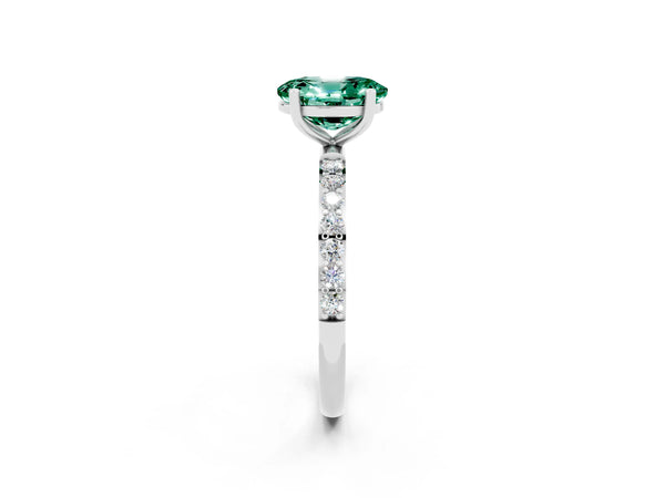 White gold Oval Cut Green Sapphire Solitaire Ring with Round Pavé Shoulders and Prong Setting