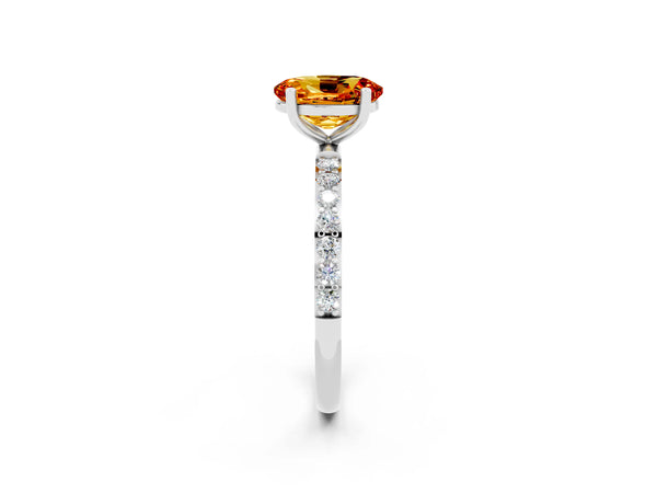 Platinum Oval Cut Citrine Solitaire Ring with Round Pavé Shoulders and Prong Setting