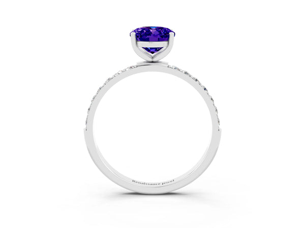 Silver Oval Cut Tanzanite Solitaire Ring with Round Pavé Shoulders and Prong Setting