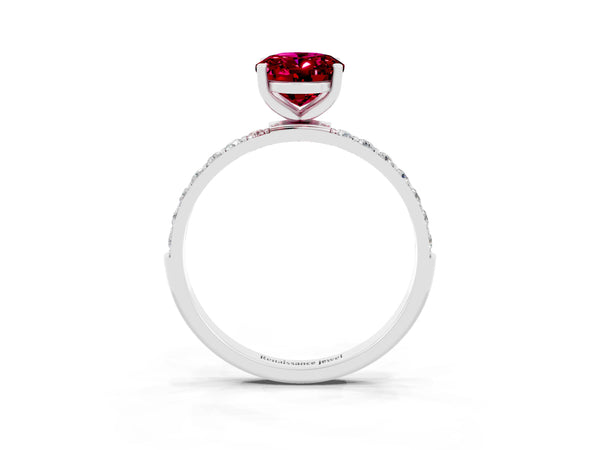 Silver Oval Cut Garnet Solitaire Ring with Round Pavé Shoulders and Prong Setting