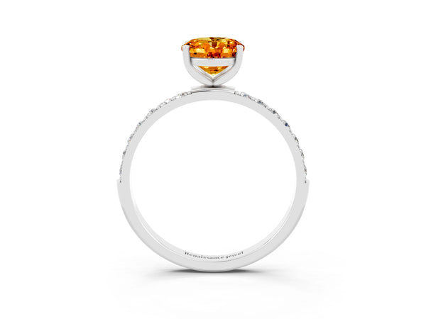 Silver Oval Cut Citrine Solitaire Ring with Round Pavé Shoulders and Prong Setting