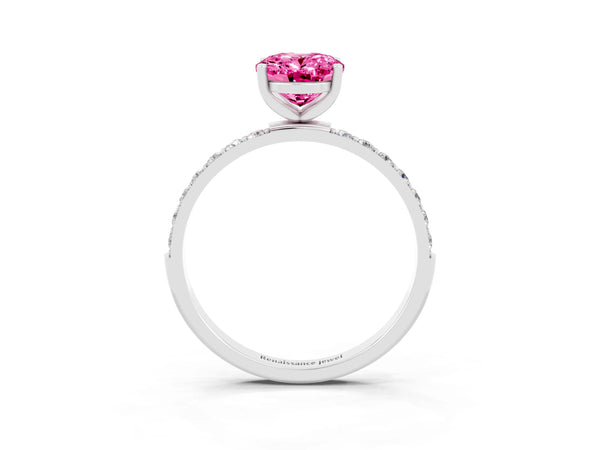 White Gold Oval Lab-Grown Pink Sapphire Solitaire Engagement Ring with Pave Shoulders