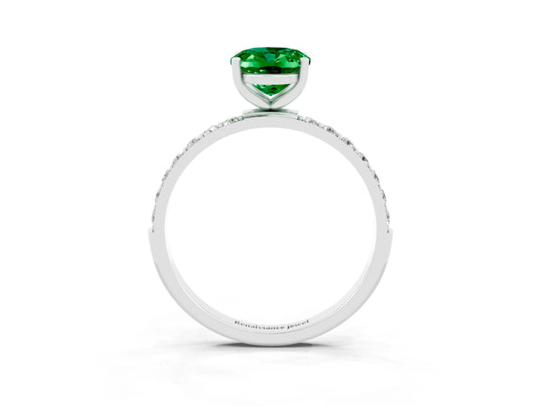 Platinum Oval Cut Emerald Solitaire Ring with Round Pavé Shoulders and Prong Setting