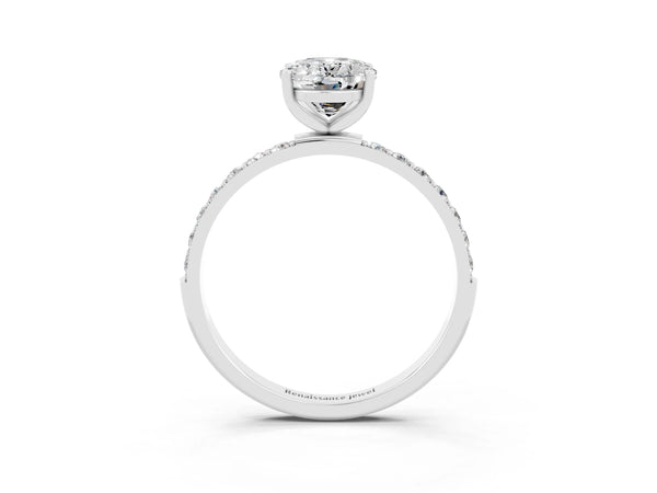 White gold Oval Cut Moissanite Solitaire Ring with Round Pavé Shoulders and Prong Setting