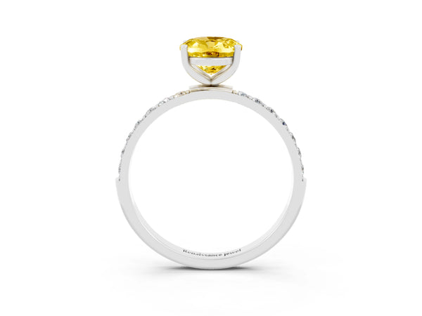 Platinum Oval Cut Yellow Sapphire Solitaire Ring with Round Pavé Shoulders and Prong Setting