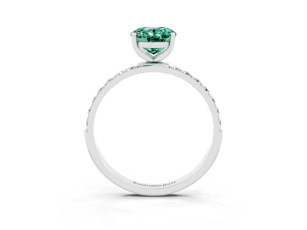 Platinum Oval Cut Green Sapphire Solitaire Ring with Round Pavé Shoulders and Prong Setting