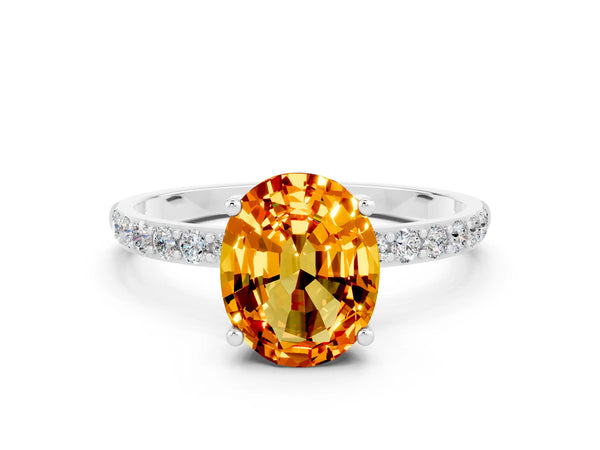 Platinum Oval Cut Citrine Solitaire Ring with Round Pavé Shoulders and Prong Setting