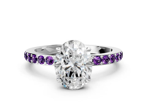 White gold Oval Cut Diamond Pavé Engagement Ring with Round with Amethyst side stone Accents and Prong Setting_11