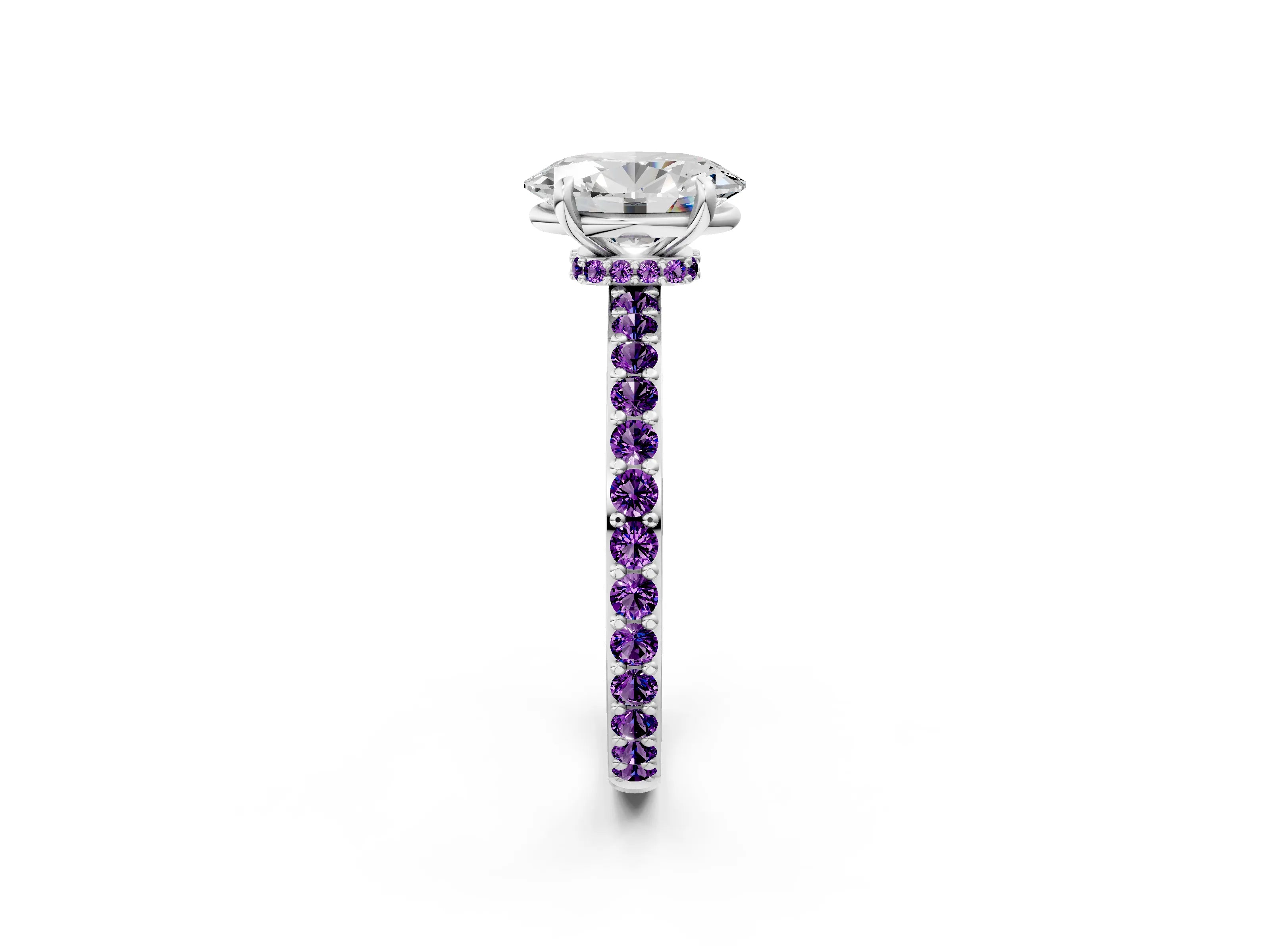 White gold Oval Cut Diamond Pavé Engagement Ring with Round with Amethyst side stone Accents and Prong Setting_14