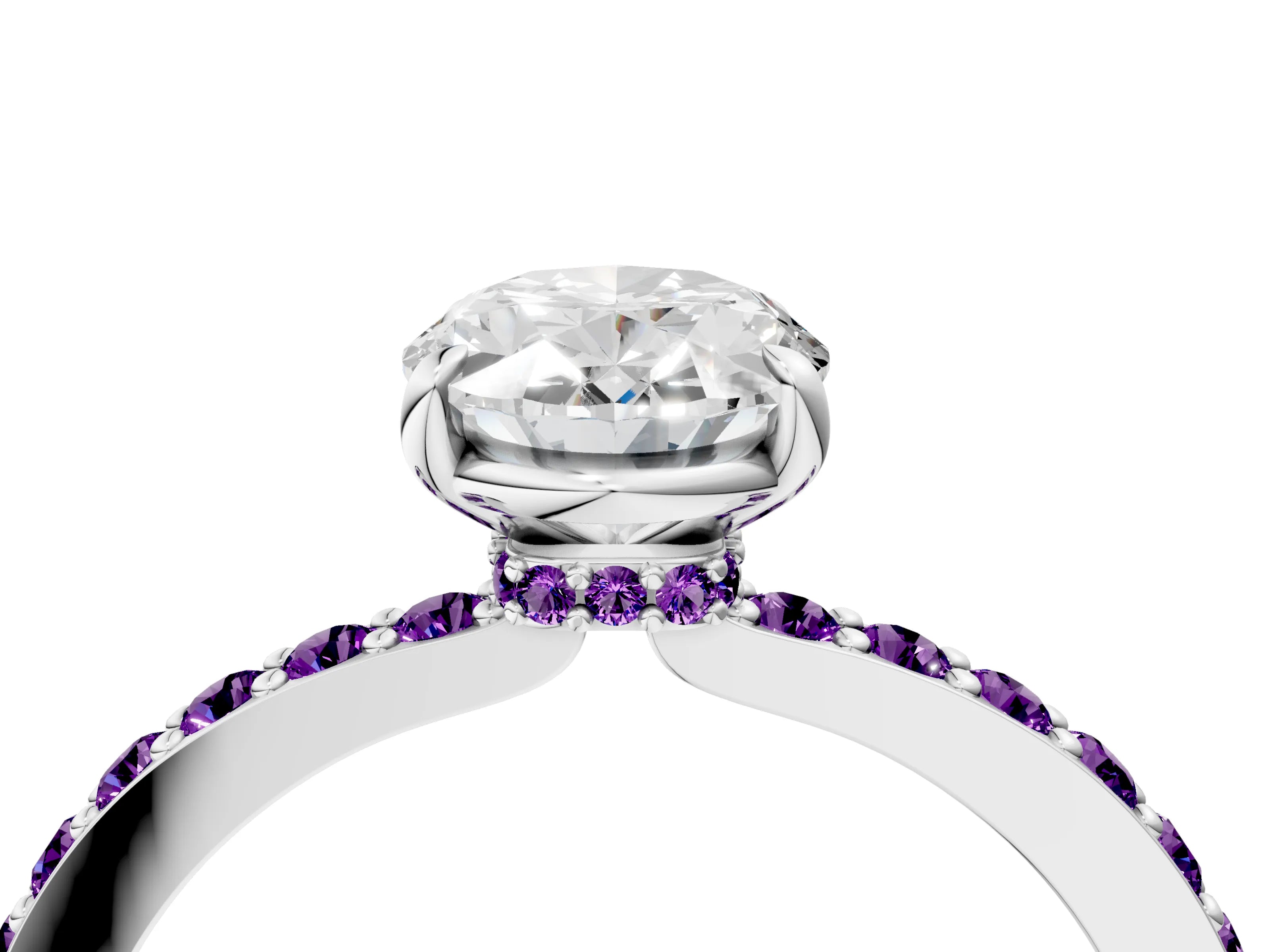 White gold Oval Cut Diamond Pavé Engagement Ring with Round with Amethyst side stone Accents and Prong Setting_15