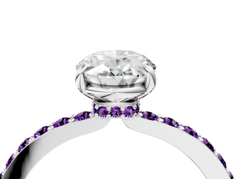 White gold Oval Cut Diamond Pavé Engagement Ring with Round with Amethyst side stone Accents and Prong Setting_15