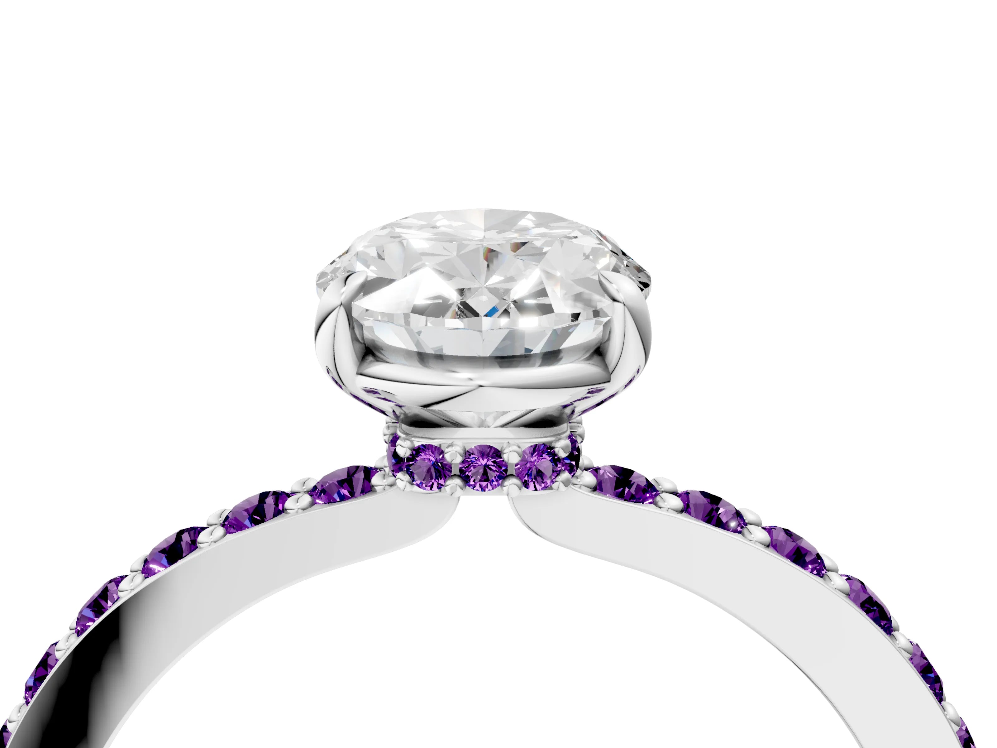 White gold Oval Cut Diamond Pavé Engagement Ring with Round with Amethyst side stone Accents and Prong Setting_16