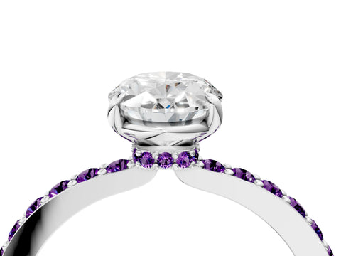 White gold Oval Cut Diamond Pavé Engagement Ring with Round with Amethyst side stone Accents and Prong Setting_16