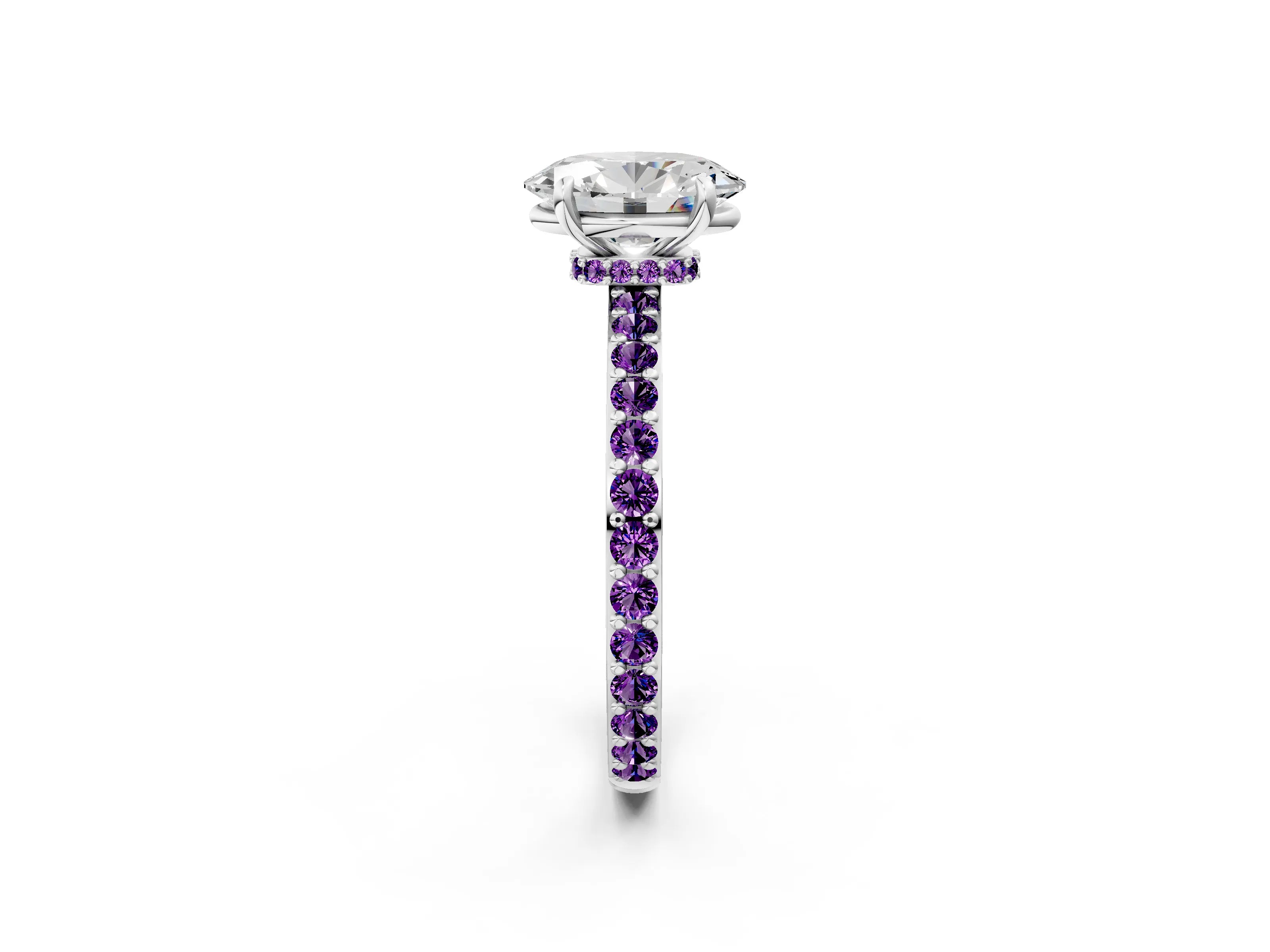 White gold Oval Cut Diamond Pavé Engagement Ring with Round with Amethyst side stone Accents and Prong Setting_20