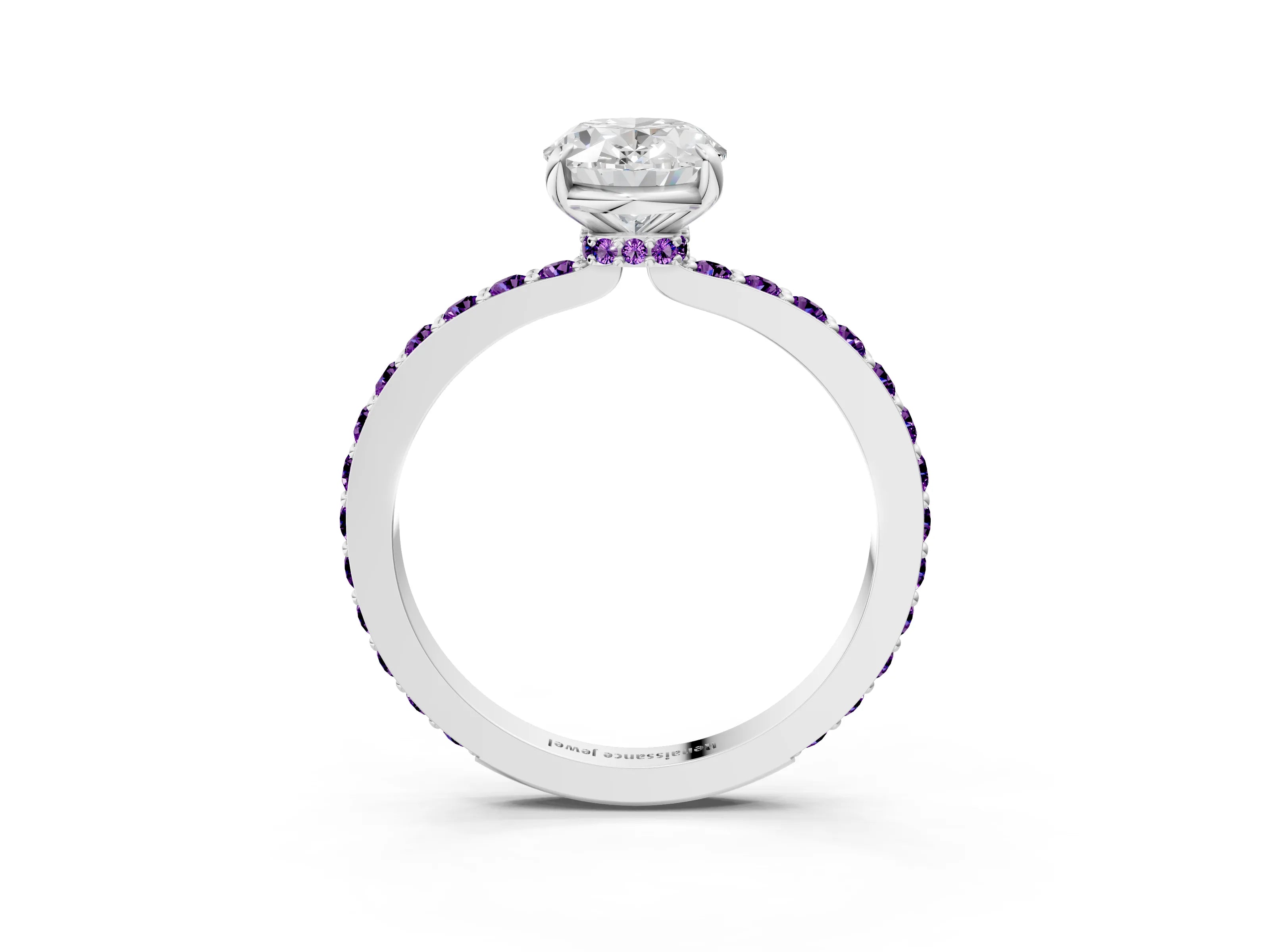 White gold Oval Cut Diamond Pavé Engagement Ring with Round with Amethyst side stone Accents and Prong Setting_21
