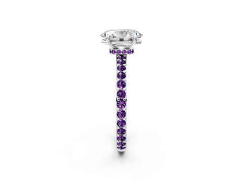 White gold Oval Cut Diamond Pavé Engagement Ring with Round with Amethyst side stone Accents and Prong Setting_2
