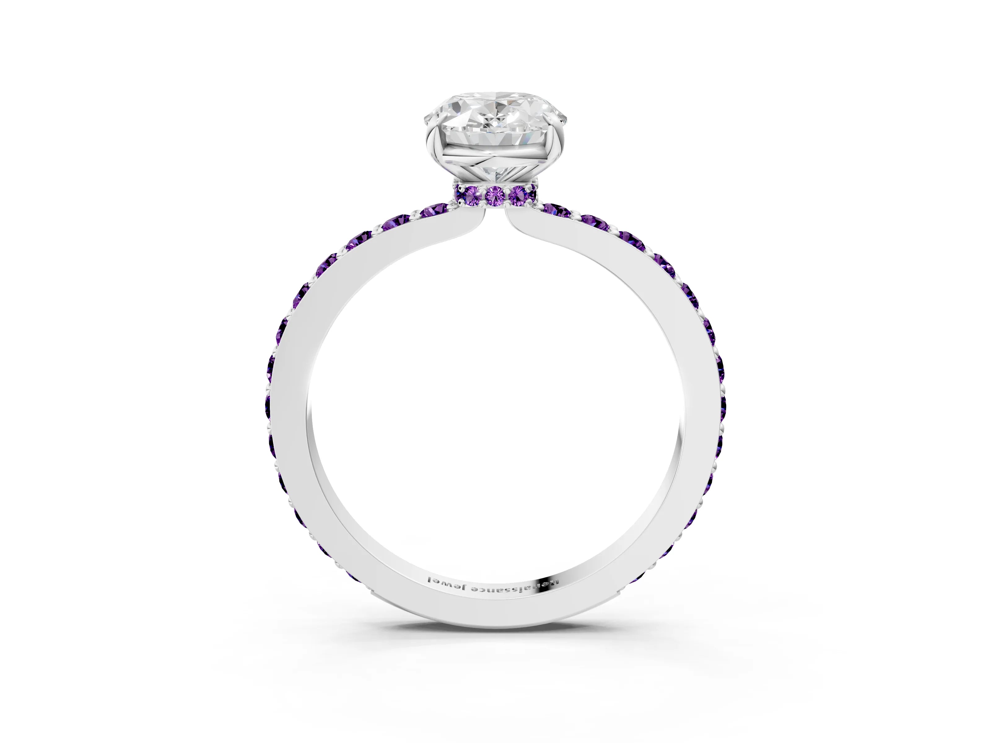 White gold Oval Cut Diamond Pavé Engagement Ring with Round with Amethyst side stone Accents and Prong Setting_3