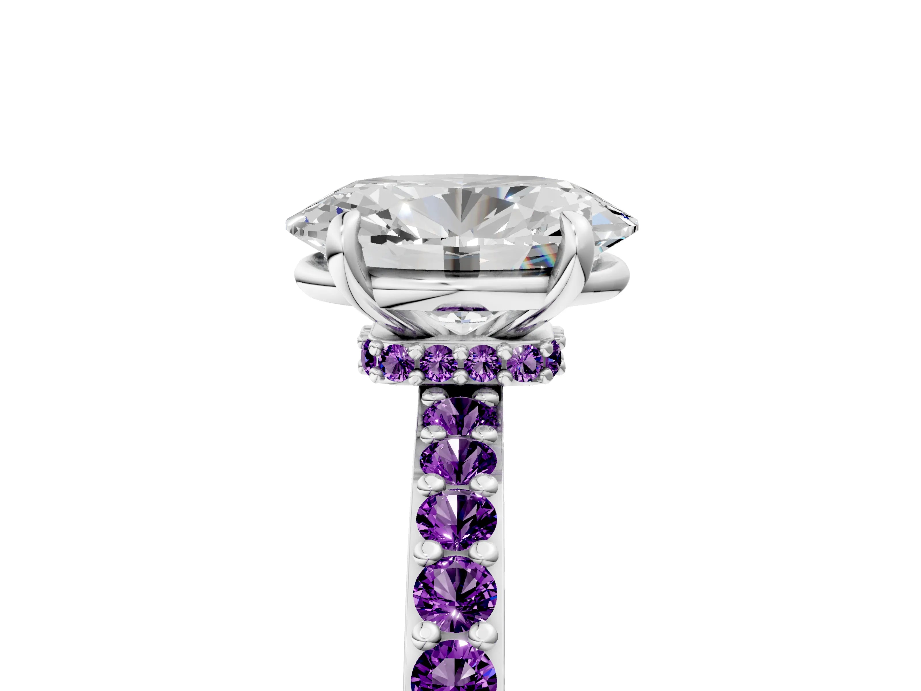 White gold Oval Cut Diamond Pavé Engagement Ring with Round with Amethyst side stone Accents and Prong Setting_5