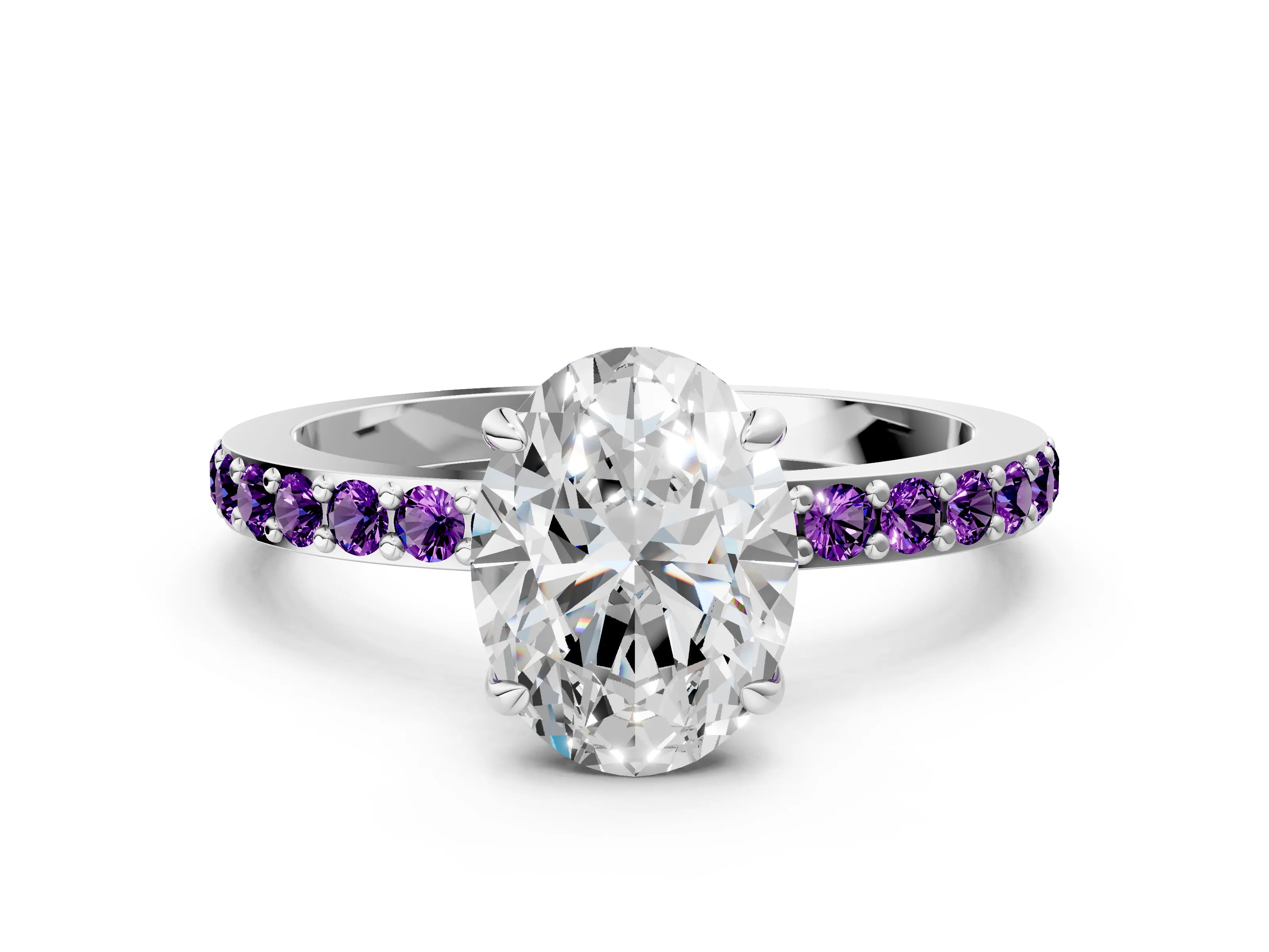 White gold Oval Cut Diamond Pavé Engagement Ring with Round with Amethyst side stone Accents and Prong Setting_6