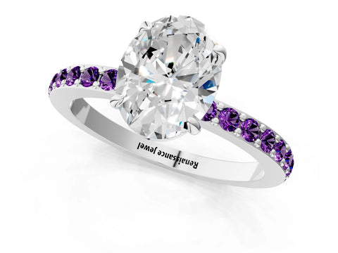 White gold Oval Cut Diamond Pavé Engagement Ring with Round with Amethyst side stone Accents and Prong Setting_7