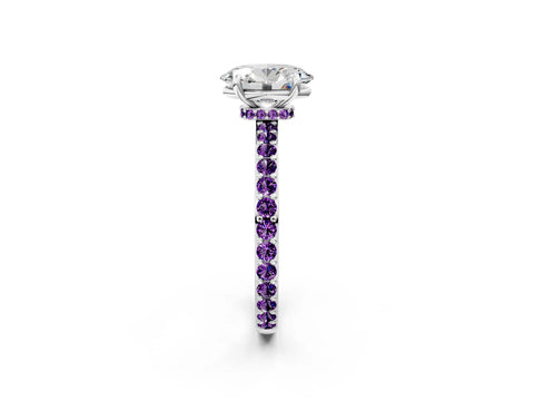 White gold Oval Cut Diamond Pavé Engagement Ring with Round with Amethyst side stone Accents and Prong Setting_8