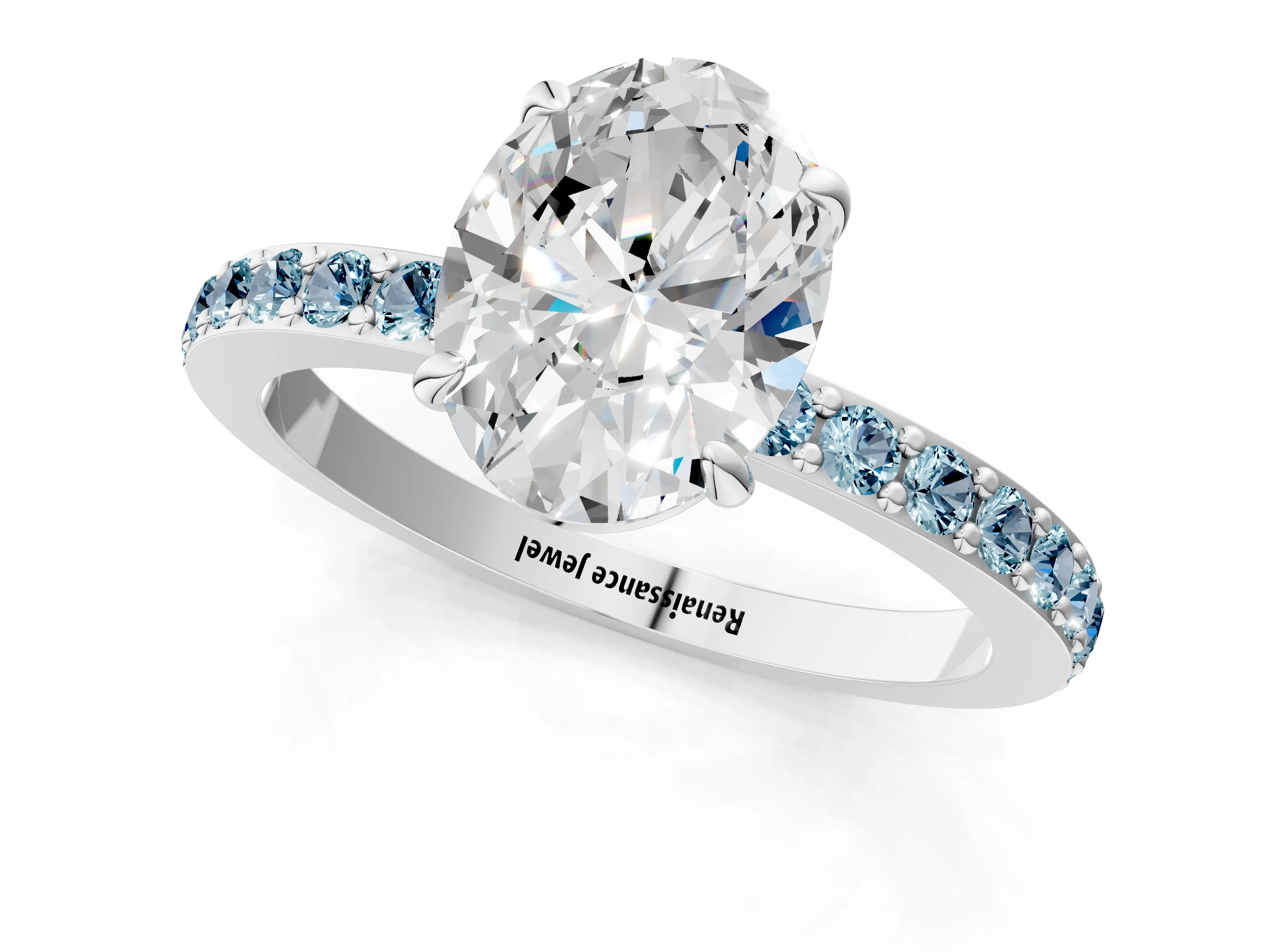 White gold Oval Cut Diamond Pavé Engagement Ring with Round with Aquamarine side stone Accents and Prong Setting_1