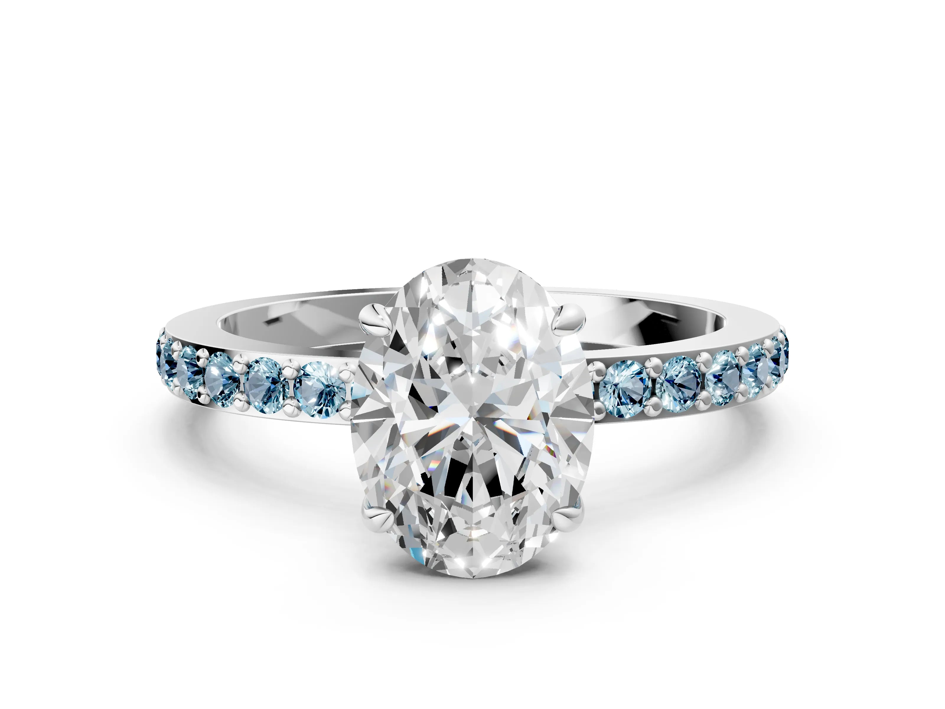 White gold Oval Cut Diamond Pavé Engagement Ring with Round with Aquamarine side stone Accents and Prong Setting_12