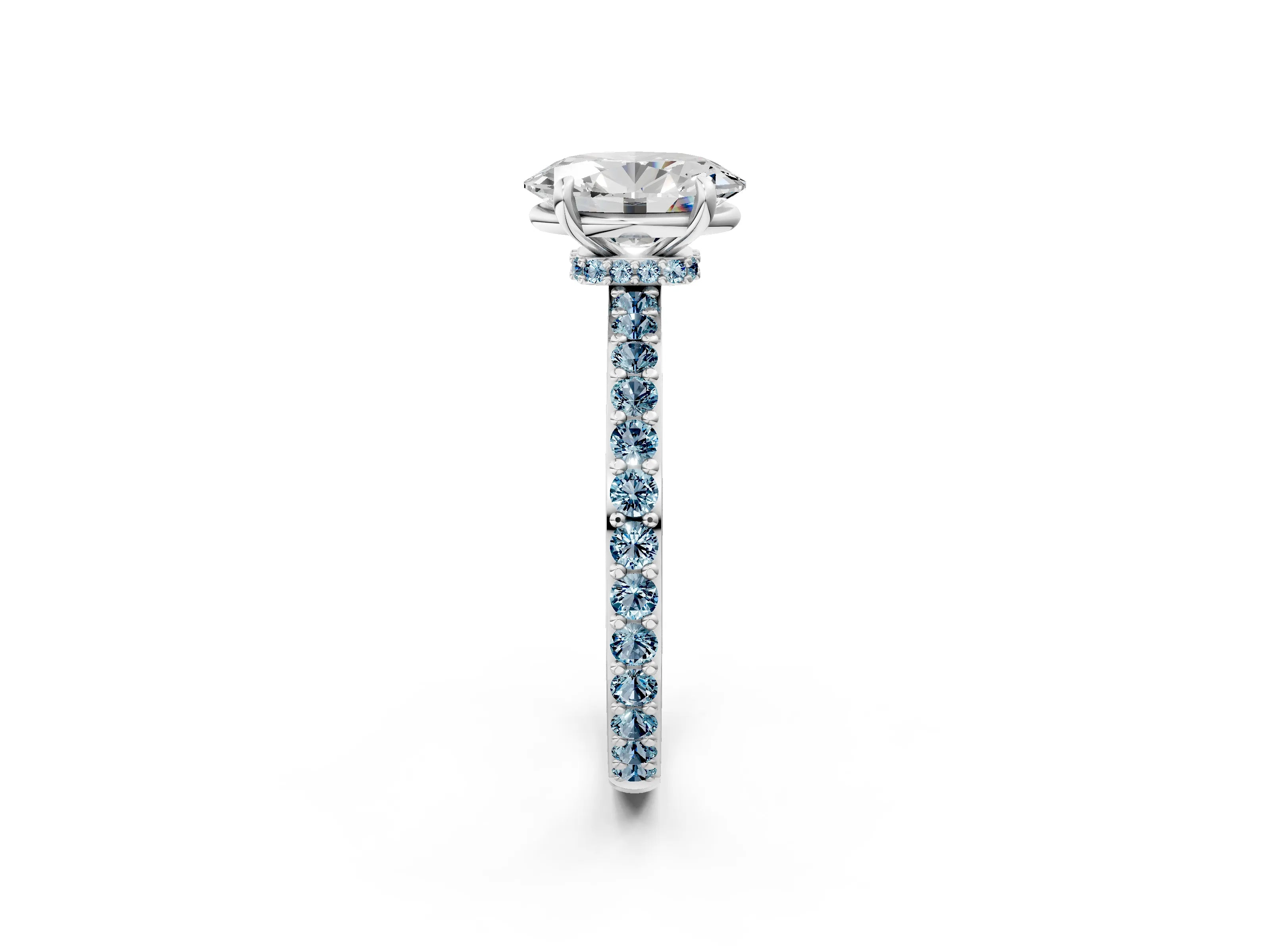 White gold Oval Cut Diamond Pavé Engagement Ring with Round with Aquamarine side stone Accents and Prong Setting_2