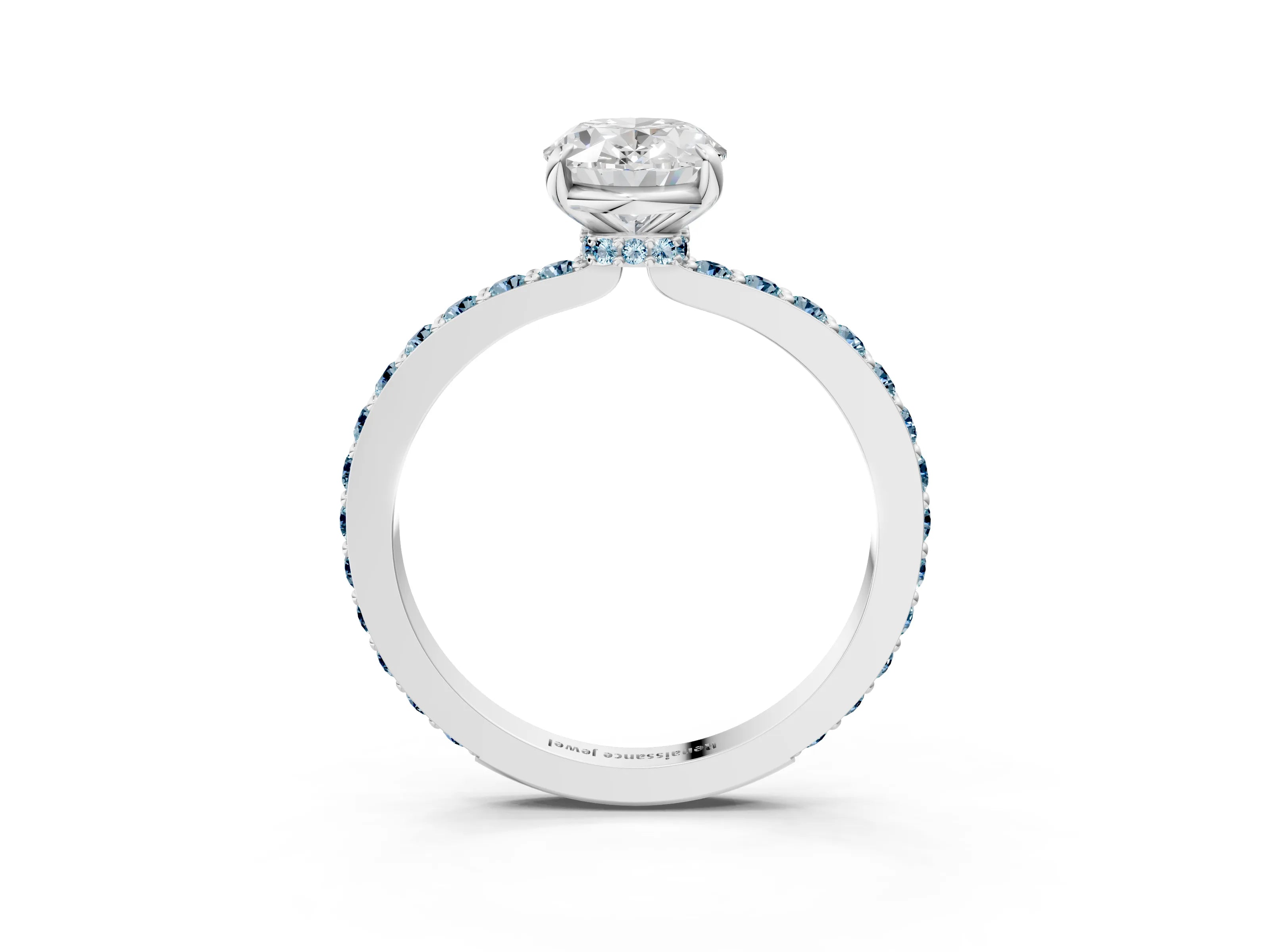 White gold Oval Cut Diamond Pavé Engagement Ring with Round with Aquamarine side stone Accents and Prong Setting_3